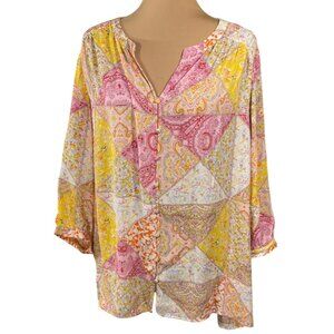 New Rose & Olive Size 1X Tunic Blouse Top Pink Yellow Patchwork V-Neck